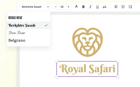 Edytor tekstu z listą czcionek, gdzie "Berkshire Swash" jest zaznaczone. Obok logo lwa i tekstu "Royal Safari". To jak co to znak wodny, ale w kontekście projektowania graficznego.