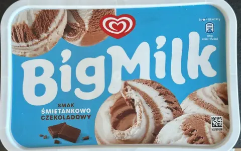 Opakowanie lodów Big Milk o smaku śmietankowo-czekoladowym z widocznymi porcjami lodów i kostkami czekolady.