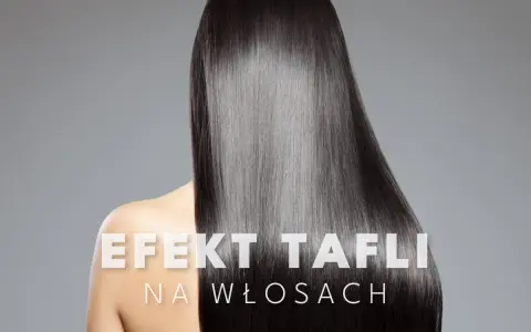 Kobieta z lśniącymi, prostymi, czarnymi włosami. Tekst na zdjęciu: "EFEKT TAFLI NA WŁOSACH".