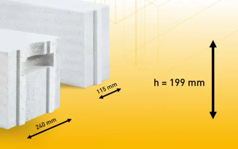 Ytong bloczek z widocznymi wymiarami: 240 mm, 115 mm i wysokością 199 mm.