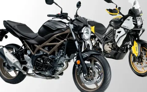 Due moto bicilindriche affiancate: una Suzuki SV nera e una moto da avventura gialla e bianca.