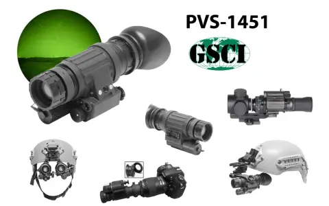Noktowizor analogowy PVS-1451 od GSCI, pokazany z różnymi akcesoriami, w tym montażem na hełm i adapterem do aparatu.