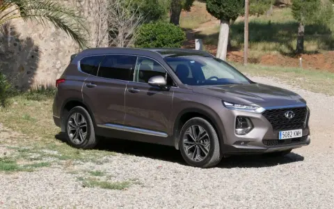 Brązowy Hyundai Santa Fe 2025 na tle kamiennego muru i zieleni.