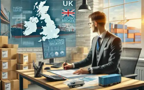 Mężczyzna w garniturze pracuje nad dokumentami, planując odprawy celne UK. Na ekranie mapa Wielkiej Brytanii i symbole transportu.