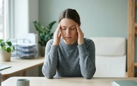 Kvinna med slutna ögon och händerna mot tinningarna, uppenbart drabbad av inre stress.