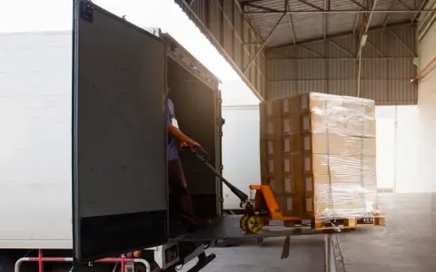 Un operario usa una transpaleta para mover una pila de cajas envueltas en plástico. Las operaciones de carga y descarga se deben realizar con cuidado.