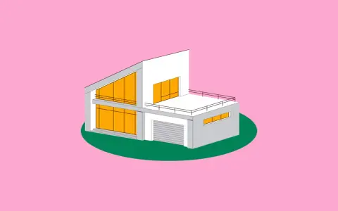 Casa moderna con grandes ventanales naranjas. Representa la diferencia entre urbano y urbanizable.