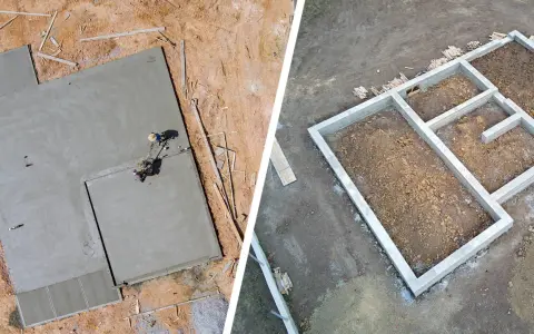 Dwa etapy budowy: wylewana płyta fundamentowa i gotowy fundament z betonu.