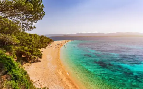 Traumhafter kroatischer Strand mit Pinienwald, goldenem Sand und kristallklarem, türkisfarbenem Wasser. Menschen entspannen sich und baden.