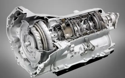 Przekrój skrzyni biegów ZF 8HP, stosowanej w wielu samochodach, ukazujący jej złożoną budowę z elementami hydraulicznymi i mechanicznymi.