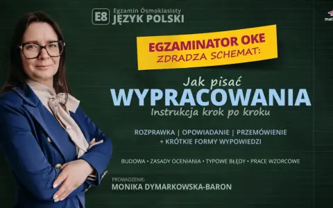 Kobieta w okularach i granatowej marynarce prezentuje instrukcję pisania wypracowań na egzamin ósmoklasisty. Kluczowe jest zakończenie rozprawki.