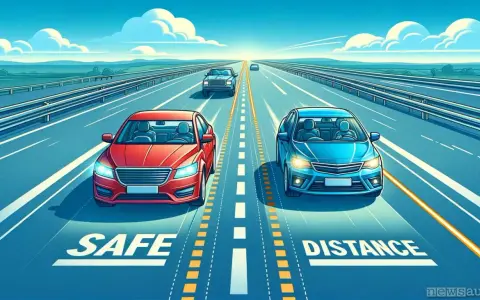 Due auto, rossa e blu, su un'autostrada. La distanza di sicurezza deve essere maggiore se si percorre la corsia d'emergenza.