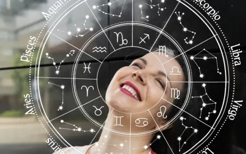 Uśmiechnięta kobieta wpatrzona w koło zodiaku. Sprawdź swój horoskop dzienny Baran i odkryj, co przyniesie Ci dzień!
