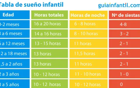 Tabla de sueño infantil: un bebé de 19 meses necesita unas 13 horas totales de sueño, con 11,5 horas de noche y 2-1 siestas.