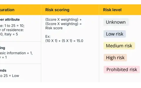 Table shows risk scoring configuration with score per attribute, weighting, risk bands, and risk levels like "Low risk" and "High risk".