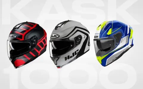Trzy kaski motocyklowe HJC i Airoh: czarny z czerwonymi pasami, biały z czarnymi akcentami i niebiesko-żółty. Wybierz najlepszy kask motocyklowy dla siebie!