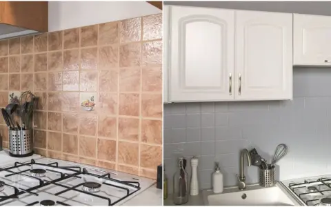 Jak odnowić stare kafelki w kuchni? Zobacz porównanie brązowych, tradycyjnych płytek z nowoczesnymi, szarymi.
