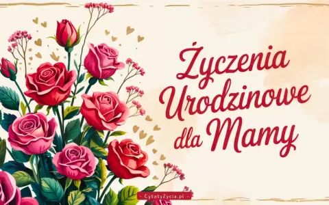 Bukiet czerwonych i różowych róż, złote serduszka i napis "Życzenia Urodzinowe dla Mamy". Piękna dedykacja dla mamy.