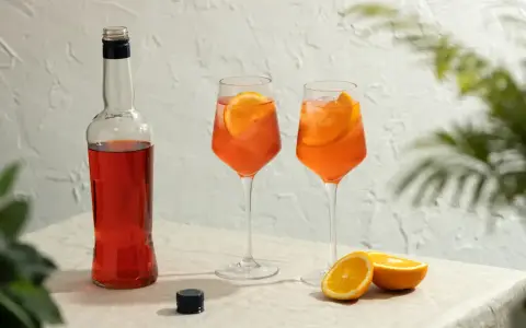 Idealny aperol spritz przepis: butelka Aperolu, dwa drinki z pomarańczą i lodem, obok połówki pomarańczy.