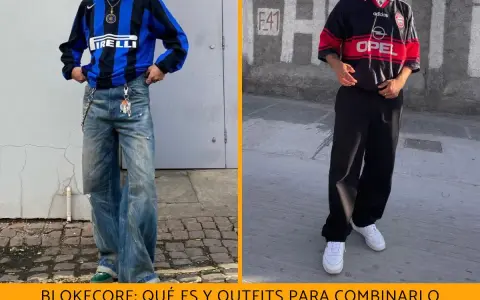 Dos jóvenes muestran outfits de blokecore: uno con jersey de fútbol vintage y jeans anchos, el otro con camiseta retro y pantalones negros.