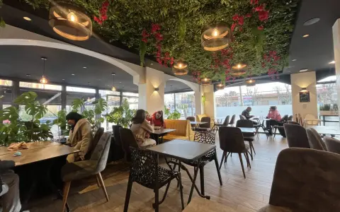 Intérieur d'un bar à desserts avec plafond végétalisée, lumières suspendues et tables occupées.