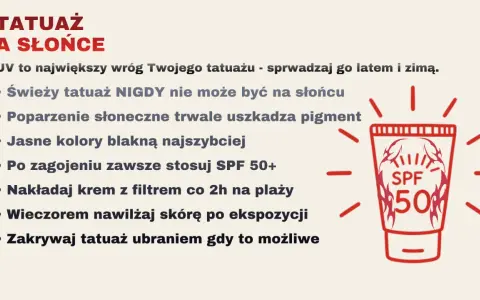 Chroń swój tatuaż przed słońcem! Stosuj krem z filtrem SPF 50+, aby zapobiec blaknięciu i uszkodzeniu pigmentu. Pamiętaj o nawilżaniu i zakrywaniu go ubraniem.