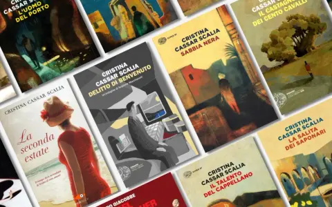 Copertine di libri di Cristina Cassar Scalia, tra cui "La seconda estate" e "Delitto di benvenuto", disposte in ordine cronologico.