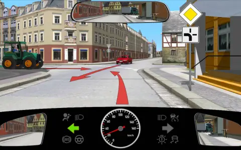Grüner Traktor biegt ab, roter PKW fährt geradeaus. Wer hat vorfahrt? Das Schild zeigt eine Nebenstraße.