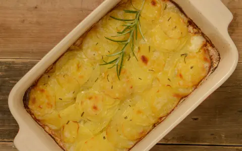 En ugnsform med gyllene, tunna potatisskivor, en klassisk pommes anna, toppad med en rosmarinkvist.