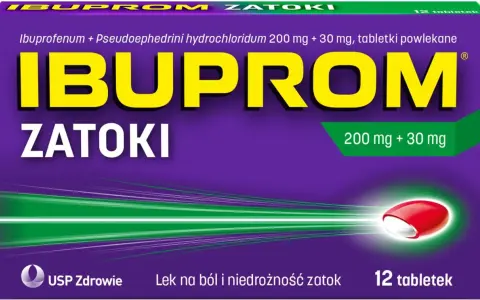Opakowanie leku Ibuprom Zatoki, który jest dobrym lekiem na zatoki, zawiera 12 tabletek powlekanych.