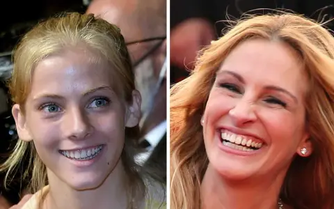Julia Roberts barn, en ung flicka med blå ögon och blont hår, bredvid en skrattande Julia Roberts.