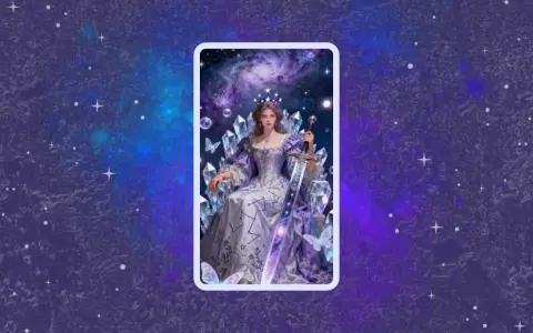 Reina de espadas tarot amor: una mujer con corona y vestido púrpura, sentada con una espada, rodeada de cristales y mariposas, bajo un cielo estrellado.