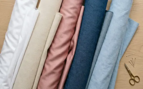 Rullar av tyg i olika färger, inklusive vitt, beige, rosa och blått. Bomullsmaterialet ligger redo för sömnad.