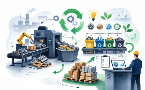 Ilustracja przedstawia proces zarządzania odpadami poprodukcyjnymi: od linii produkcyjnej, przez segregację, po analizę danych.