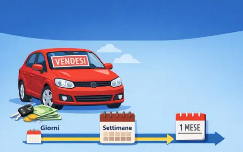 Un'auto rossa con "Vendesi" sul parabrezza, chiavi, soldi e un percorso temporale che va da "Giorni" a "Settimane" fino a "1 Mese". Autobiz semplifica la vendita.