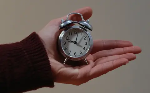 Dłoń trzyma budzik, symbolizujący systemy czasu pracy.
