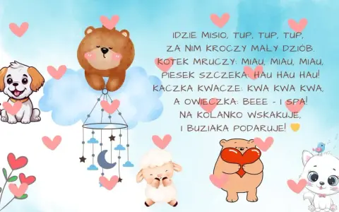 Ilustracja z uroczymi zwierzątkami: pieskiem, misiem, kotkiem, owieczką i kaczką, otoczonymi serduszkami.