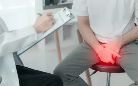 Lekarz spisuje zalecenia po cystoskopii. Pacjent siedzi, trzymając ręce na kroczu, gdzie widoczny jest czerwony obszar bólu.