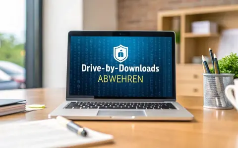 Ein Laptop zeigt "Drive-by-Downloads ABWEHREN". Das ist eine Methode, um schädliche Software unbemerkt zu installieren.