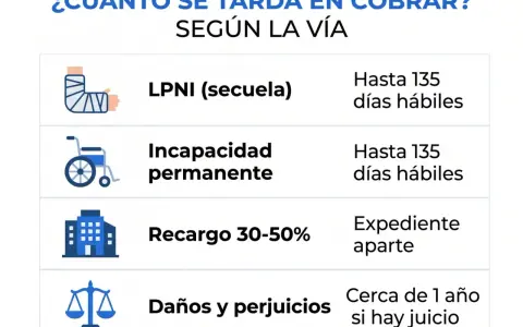 Tabla compara tiempos de cobro: LPNI (secuela) y incapacidad permanente hasta 135 días hábiles; recargo 30-50% en expediente aparte; daños y perjuicios cerca de 1 año si hay juicio.