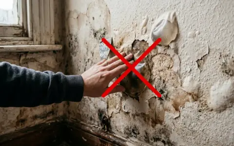 Mano tocando una pared bufada con moho y pintura descascarada. Una cruz roja indica que no se debe tocar.
