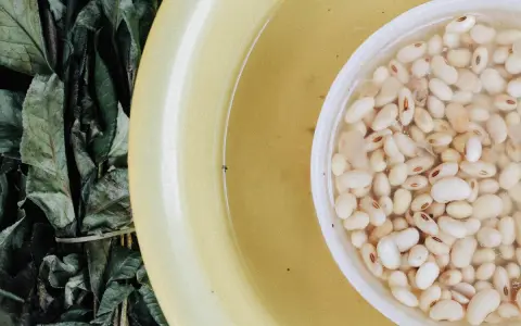 Alubias blancas remojándose en agua, junto a hojas verdes y un cuenco amarillo.