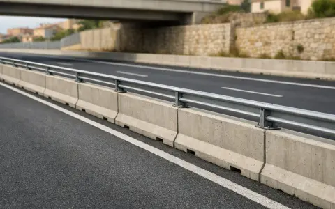 Barriera spartitraffico in cemento, conforme all'art. 175 CDS, con guardrail metallico su strada asfaltata.