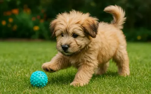 Un adorable chiot berger catalan joue avec une balle bleue sur l'herbe verte.