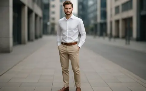 Elegancki mężczyzna w białej koszuli i beżowych spodniach, idealny przykład, jaka koszula do beżowych spodni.