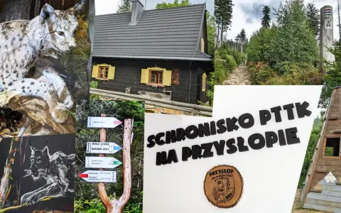 Schronisko PTTK na Przysłopie pod Baranią Górą. Widok na chatę, szlaki turystyczne i rysunki rysi.