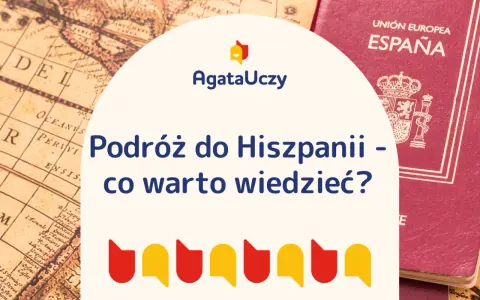 Hiszpański paszport i stara mapa świata na tle grafiki z tekstem "Podróż do Hiszpanii".
