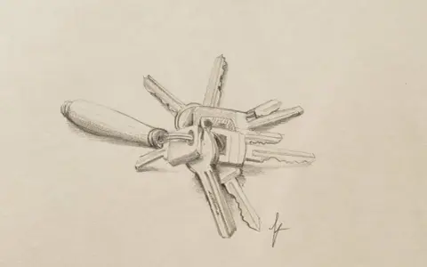 Un dessin réaliste d'un trousseau de clés, avec une poignée en bois et plusieurs clés métalliques disposées en étoile.