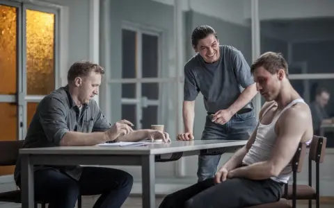Dario ślepnie od świateł, siedząc przy stole z dokumentami, podczas gdy drugi mężczyzna śmieje się, a trzeci, z podbitym okiem, patrzy w dół.