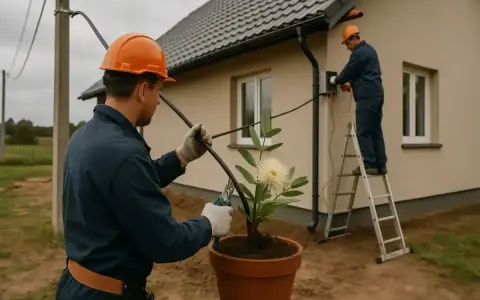 Dwóch elektryków pracuje przy domu. Jeden na drabinie podłącza kable, drugi trzyma kabel. Zastanawiasz się, ile kosztuje przyłącze prądu?
